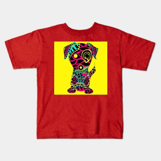 dog with tattoo in mexican mandala ecopop Kids T-Shirt by jorge_lebeau